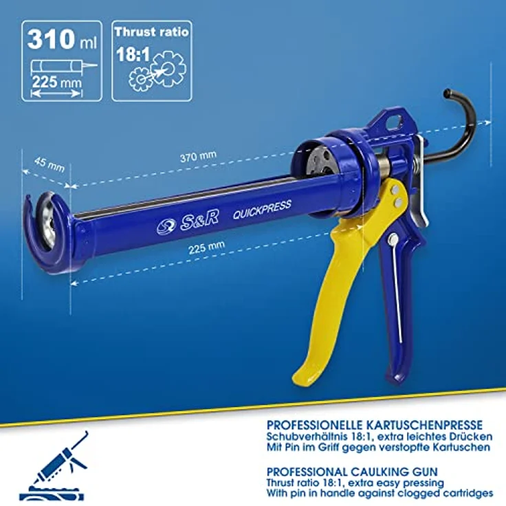 S&R Kartuschenpresse, professionelle Silikonspritze mit Drehrahmen für Kartuschen bis 310ml, 18:1 Schubverhältnis, Metall, inkl. Reinigungspin – Bild 2