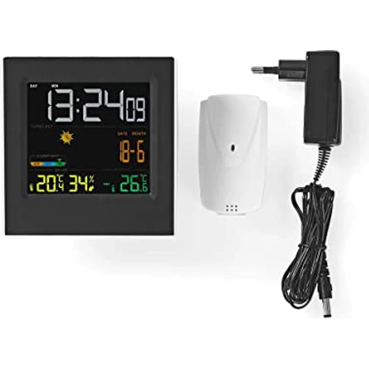 Nedis Wetterstation Uhr WEST404BK, Funkwetterstation mit Farbdisplay, Innentemperatur- und Aussentemperaturmessung, Schwarz/Weiss, mit Wecker und Hygrometer – Bild 2