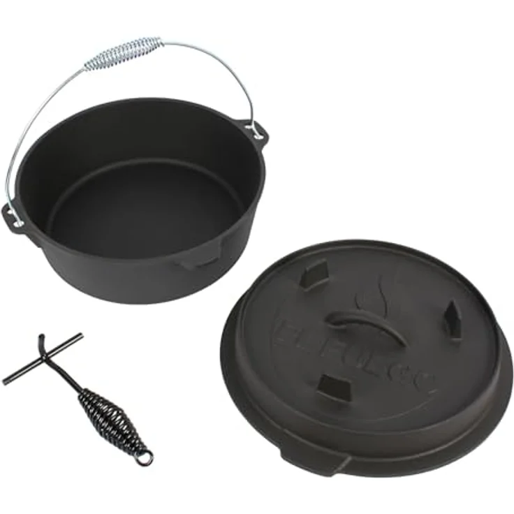 Dutch Oven 7,3 Liter von El Fuego®, 100% Gusseisen, inkl. Schürhaken und Tragebügel, Camping & Outdoor – Bild 3