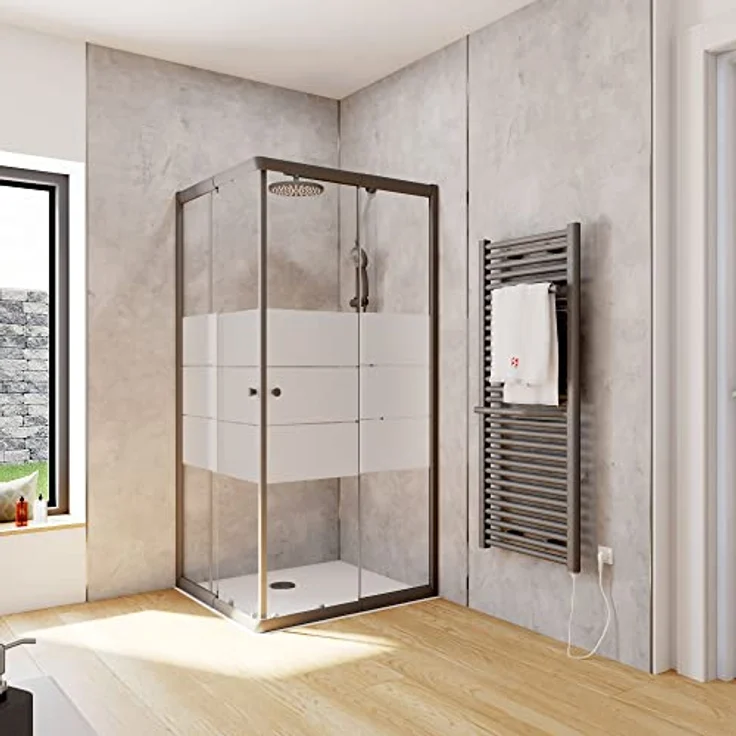 Schulte Duschkabine Corner, Eckeinstieg mit Schiebetüren, 4mm ESG Sicherheitsglas, Mattschwarz, Höhe: 180 cm, 80 x 90 cm, Dekor Depoli light – Bild 1