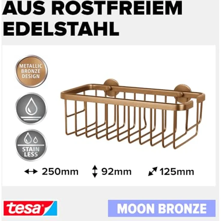 tesa MOON BRONZE selbstklebende Duschablage in gebürsteter Bronze - einstöckig und extra tief - Duschregal aus PVD-beschichtetem Metall - ohne Bohren, mit Klebelösung - 250mm x 92mm x 125mm – Bild 3