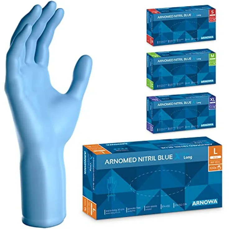 ARNOMED Einweghandschuhe Blau, Extra langer Nitrilhandschuh, 30 cm, XL, 100 Stück Box, reißfest, hautfreundlich, latexfrei