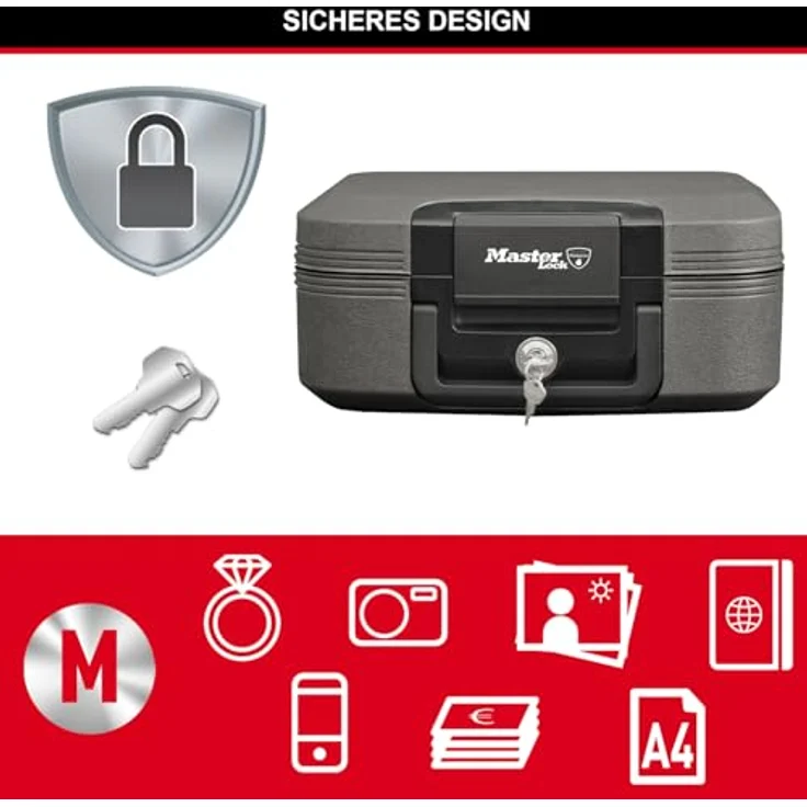 MASTER LOCK Sicherheitskassette [Feuer- und Wasserfest] [Medium] [Schlüsselschloss] LCHW20101 Für Ausweise, A4-Dokumente, kleine Elektrogeräte, Juwelen usw. – Bild 5