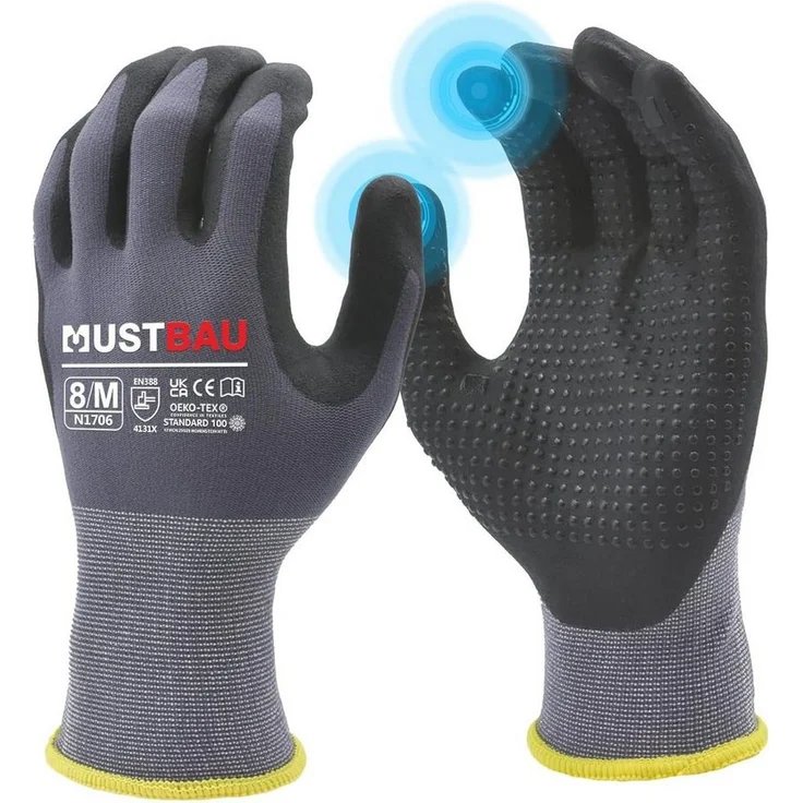 Mustbau Arbeitshandschuhe 12/6/3 Pack, Abriebfest Gartenhandschuhe Montagehandschuhe, Nitrilbeschichtung, Touchscreen-fähig – Bild 1
