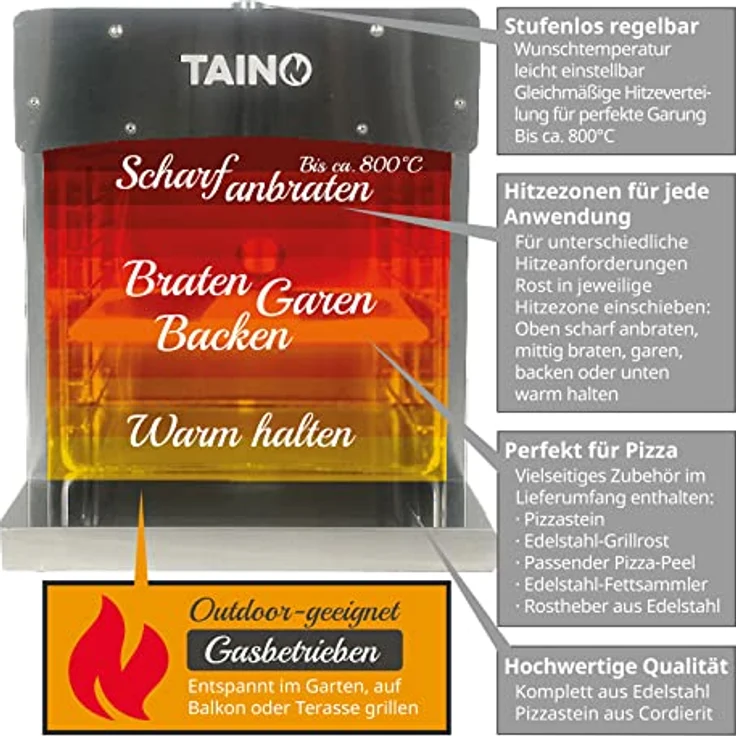 TAINO XXL Hochleistungsgrill Gas bis 800°C, Edelstahl Silber mit Pizzastein und rostfreiem Grillrost – Bild 9