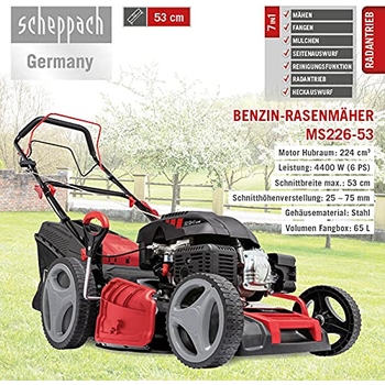 Scheppach Benzin Rasenmäher MS225-53E Mit E-Start - 6PS, 53cm Schnittbreite, Radantrieb, 65l Fangkorb