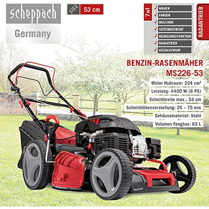 Scheppach 6 in 1 Benzin-Rasenmäher MS226-53 SE, 53 cm Schnittbreite, 224 cm³ Motor, Radantrieb, Reinigungsfunktion – Bild 2