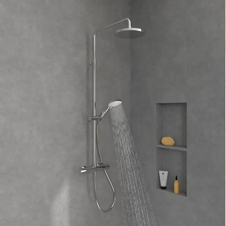 Villeroy & Boch Universal Showers Duschsystem, Duschset mit verstellbarem Handbrausehalter, Regendusche und Thermostat, Handbrause mit 3 Strahlarten, runder Duschkopf, Chrom – Bild 5