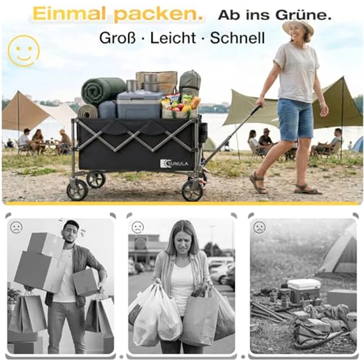 Sunula SUNULA Bollerwagen, Faltbar mit 120KG Tragkraft, Klappbarer Handwagen mit Ein-Klick-Handgriff, Geländegängige Räder mit Bremsen, 150L Volumen, Schwarz – Bild 2