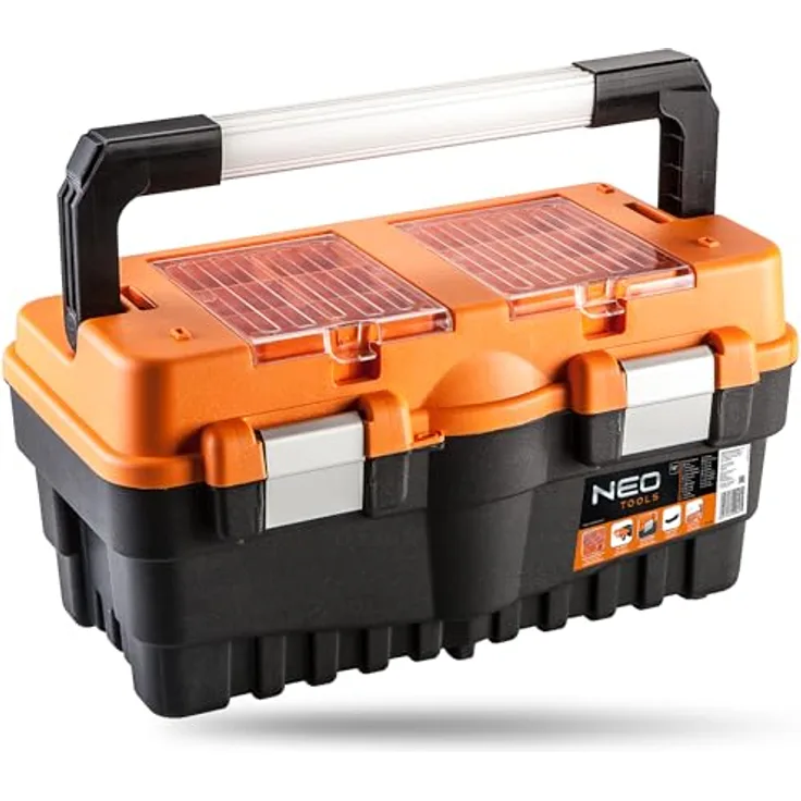 NEO TOOLS Gereedschapkoffer 18", Werkzeugkasten mit Aluminium-Schnappverschlüssen, 2 Aufbewahrungsfächern aus Polycarbonat, klappbarer Schale, 46.2 x 25.6 x 24.2 cm