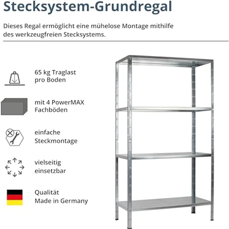 Schulte Regalwelt Lagerregal mit 4 PowerMAX-Fachböden, 180x80x40cm Regalsystem, Steckregal mit einfacher Montage ohne Verschrauben, Traglast je Boden bis zu 65 Kg (bis zu 260 Kg Gesamttraglast) - 4056397004431 – Bild 4