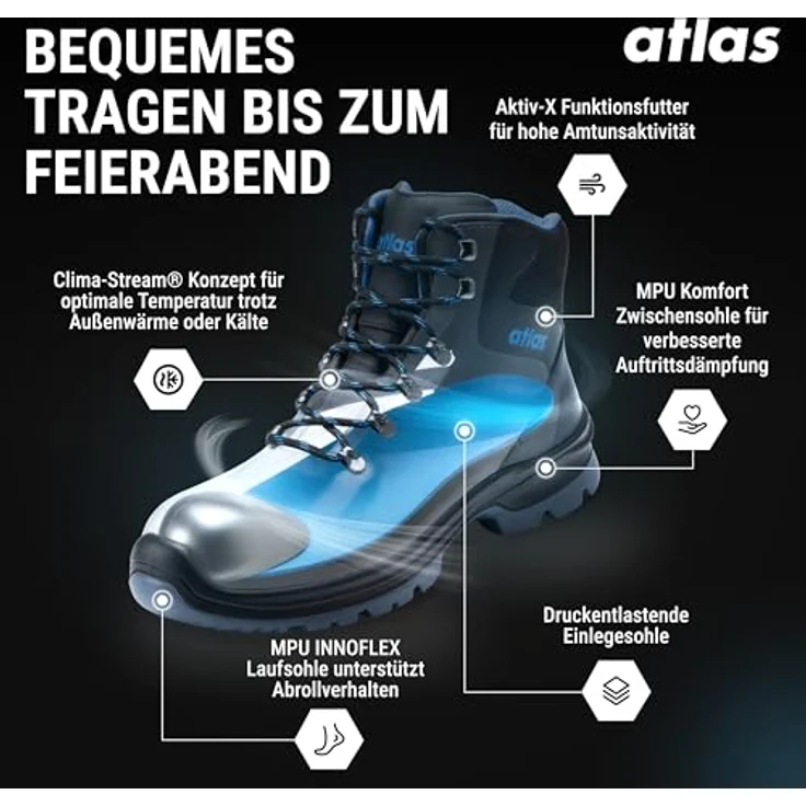 Atlas Alu-Tec 735 XP ESD S3, knöchelhoher Sicherheitsschuh mit aluminiumfreier Durchtritthemmung, 3D-Dämpfungssystem, Waterproofleder, Größe 36 W10 – Bild 3