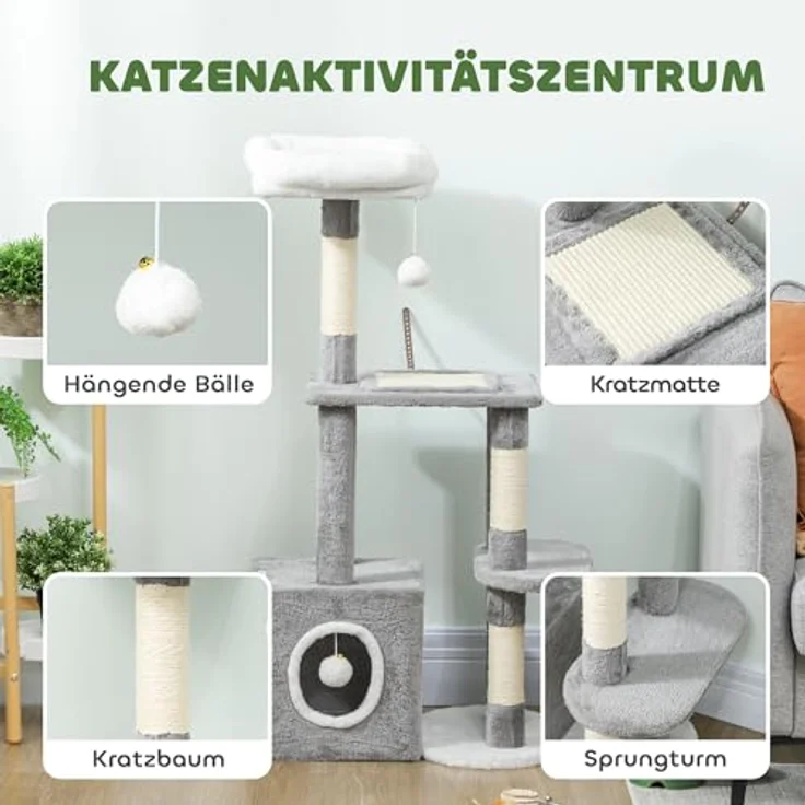 PawHut Kratzbaum 107 cm, mehrstöckiger Katzenturm mit Höhle, 2 Plüschballen, Sisalstämme, große Plattform, für Katzen bis 5 kg, Grau – Bild 3