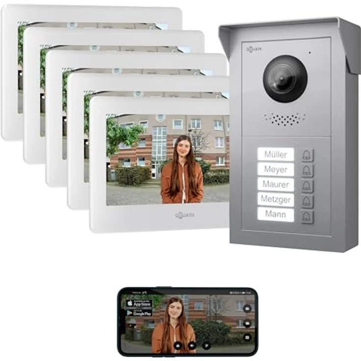 Goliath Intercom Goliath Basic-Line 2-Draht Video-Türsprechanlage mit 7 Zoll HD Monitor, Kamera und App-Funktion für 5-Familienhäuser, Weiß/Scharz – Bild 2