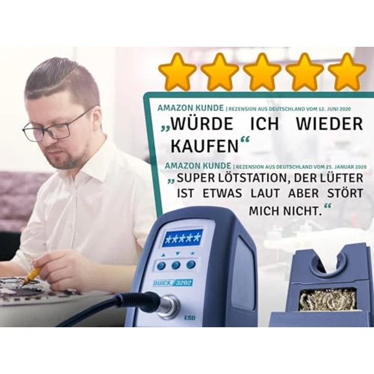 Quick 3202 Digital Regelbare ESD Hochfrequenz-Lötstation 90 Watt inkl. Lötkolben mit 1 mm Lötspitze und Zubehör- 100°-550°C-Kalibrierbar- 3 Festspeicher-Auto-Standby-Passwort - Schutz – Bild 5