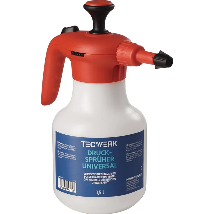Tecwerk Universaldrucksprüher 1,5 l mit FPM-Dichtungen, verstellbarer Kunststoff-Düse und 2-in-1-Sicherheitsventil