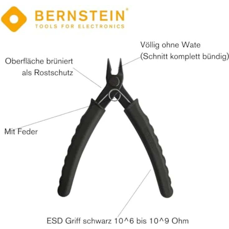 Bernstein Mini Elektronik-Seitenschneider 135 mm | Ohne Wate für Kupferdrähte bis Ø 1,0 mm 18AWG | Oberfläche brüniert | ESD Griff schwarz 10^6 bis 10^9 Ohm – Bild 3