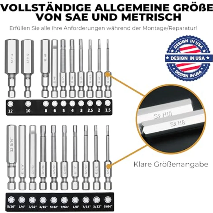 MULWARK Magnetic Hex Head Inbusschlüssel Bit Set 20PC, 10pc Metric & 10pc SAE, 2.3“ lang, 1/4“ Durchmesser, robuster Kunststoffkoffer für Möbelmontage – Bild 2