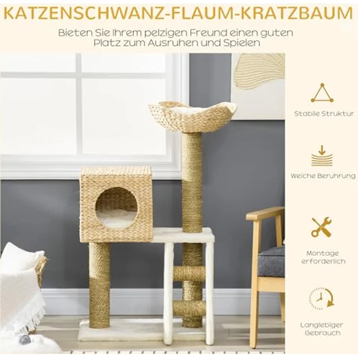 PawHut Kratzbaum 100,5 cm Katzenbaum mit Katzenhöhle, Bett, Treppe, Sisal-Kratzsäulen und Kissen, für Katzen bis 4,5 kg, Natur – Bild 3
