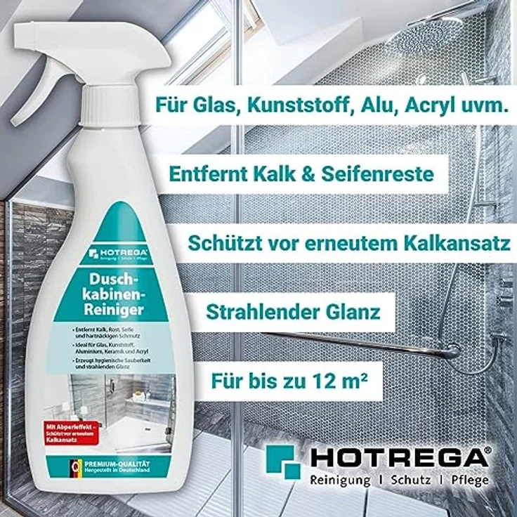 HOTREGA® Duschreiniger Kalkentferner, effektiver Glasreiniger für Duschkabinen, entfernt Kalk und Seifenreste, mit Abperleffekt und frischem Duft – Bild 2