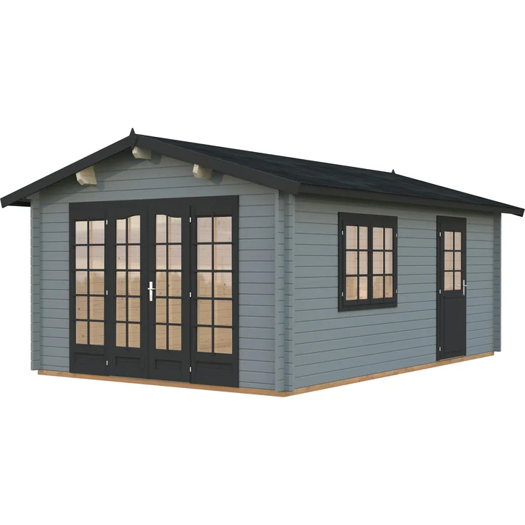 Palmako Gartenhaus Irene 19,0 m² aus 44 mm Blockbohlen, grau hellgrau/anthrazit lackiert, mit Doppelfenster und vollverglaster Tür