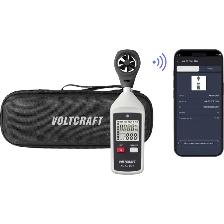 VOLTCRAFT AN-50 DOK Anemometer mit Reportfunktion, digitale Messung von 0.4 bis 30 m/s, Bluetooth-Anbindung und multifunktionaler Datenspeicherung