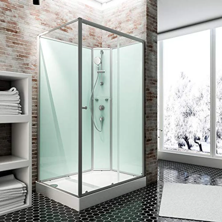 Schulte Fertigdusche Komplettdusche 120 x 80 cm Duschtempel Ibiza, 5 mm Sicherheits-Glas, Profile alu natur, Rückwände light-grün, Duschwanne weiß – Bild 1