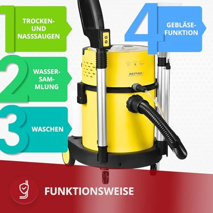 MPM Staubsauger mit Wischfunktion und Blasfunktion - Wasserstaubsauger - Trocken- & Nasssaugen - 20 Liter Wasserbehälter - 1200W (MOD-48) – Bild 3