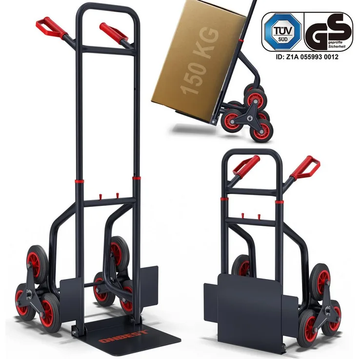 Onbest Treppensackkarre SHT150, klappbar bis 150 kg, höhenverstellbar, mit Vollgummirädern und Stahlrahmen