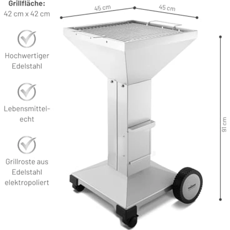 THÜROS T3 Edelstahl Gartenkaminzuggrill Holzkohlegrillfläche 42x42 cm fahrbar – Bild 3