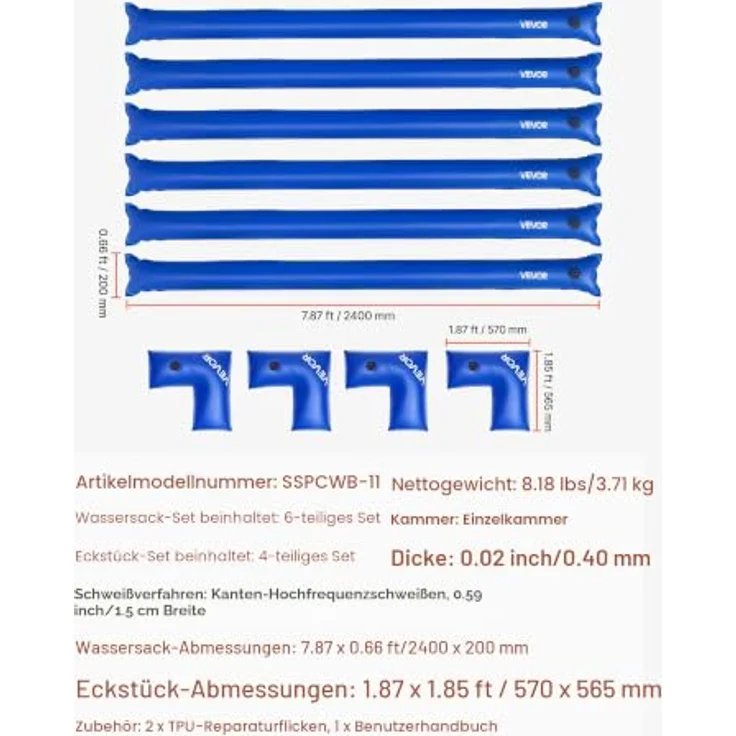 VEVOR Wassersäcke-Set, 6er-Pack 2,4 m Beschwerungssäcke & 4 Eck-Wassersäcke, 0,4 mm dicker PVC-Sack mit auslaufsicherem Ventil zur Winterbefestigung von Poolabdeckungen – Bild 7