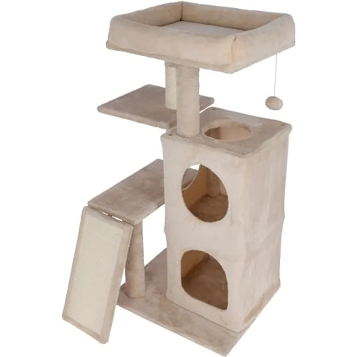 Kerbl Pet Kratzbaum Alessia, beige, 48,5x40x100 cm - Spielparadies mit zweistöckiger Höhle, gemütlichem Rückzugsort und Krallenpflege-Sisal-Rampe