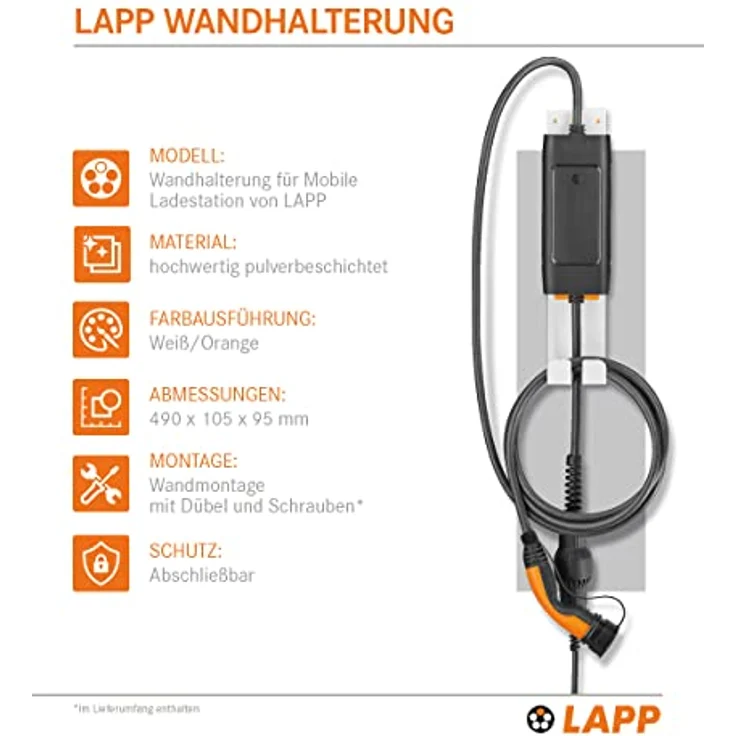 LAPP Wandhalterung für mobile Lade stationen, einfache Montage, weiß/orange, inkl. Schrauben und Dübel – Bild 2