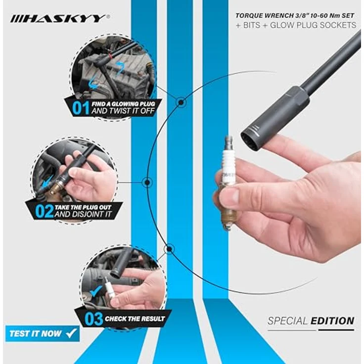 HASKYY Drehmomentschlüssel 3/8" 10-60Nm Zündkerzenschlüssel Magnetisch 14-16mm mit Torxbits T20 T30 T40 inkl. Verlängerungsadapter KFZ Industrie Motorrad Auto – Bild 4