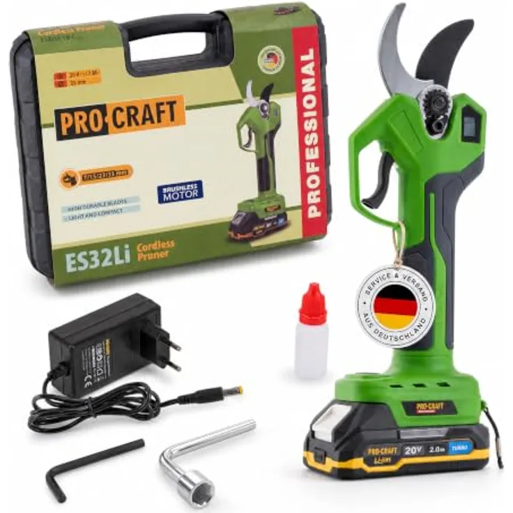 PRO CRAFT Akku-Astschere ES32Li, 20 V Brushless mit 1x 2,0 Ah Akku, Ladegerät und Koffer, max. Schnittdurchmesser 35 mm, ergonomisches Design, SK5-Stahlklingen