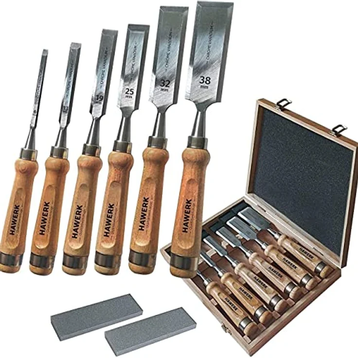 Hawerk Stemmeisen Stechbeitel Set für Holz | 6 Beitel + 2 Abziehsteine + Koffer von Hawerk - Stecheisen Satz für Anfänger und Profis - Holzmeiselset für Holzarbeiten – Bild 1