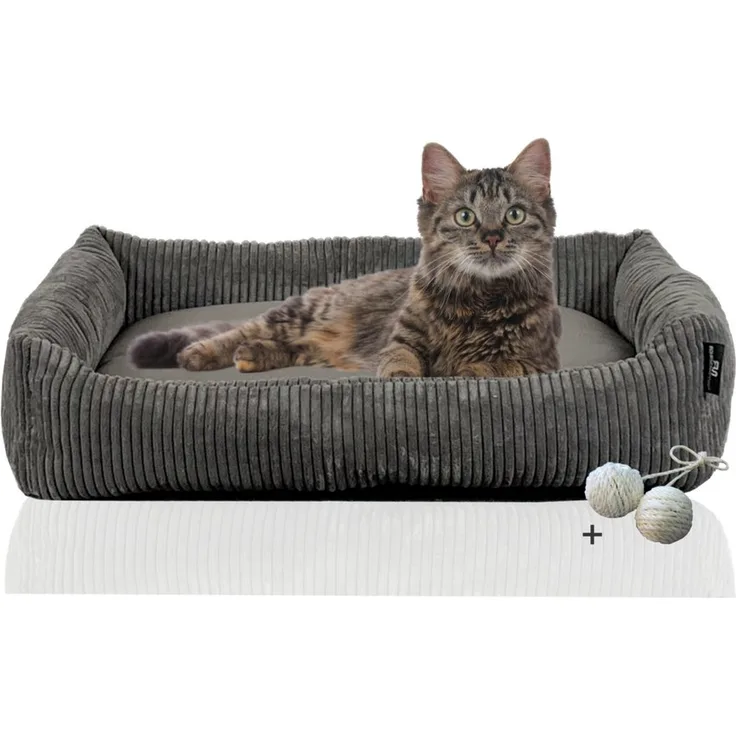 Rohrschneider Tierbett Katzenbett mit Kissen aus Cordstoff Katzensofa, inkl. Spielkugelset, langlebiger Cordstoff in Schwarz