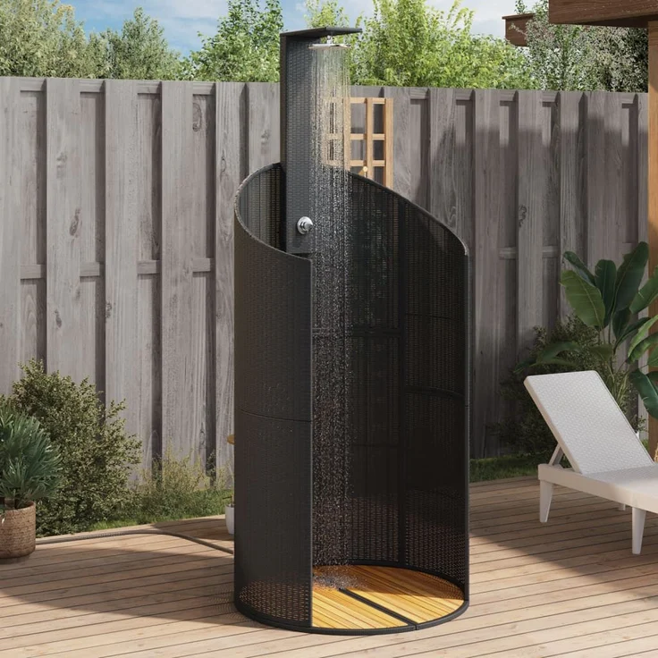 vidaXL Gartendusche aus Poly Rattan, Schwarz, mit Holzboden und drehbarer Brause – Bild 1