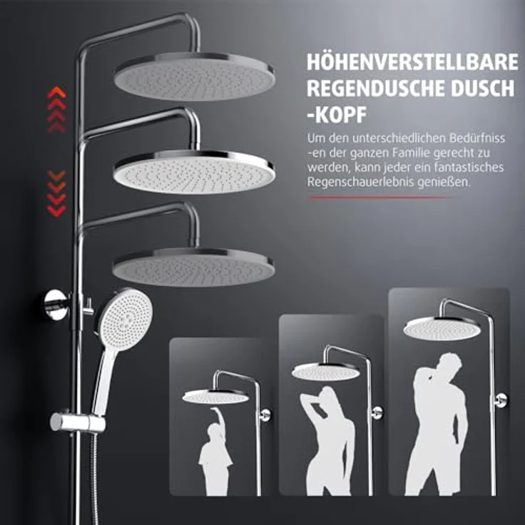 Rainsworth Duschsystem mit Thermostat, 3 Strahlart(en), komplett-set, 92-126 cm Duschstangen Edelstahl Duschamaturenset Wassersparend, runde Regendusche 30cm, 3 Strahlarten, höhenverstellbare Duschstange, Sicherheits-Thermostat – Bild 6
