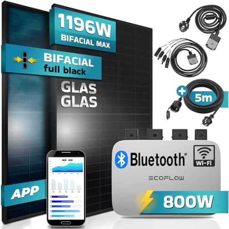 SUNNIVA® Balkonkraftwerk FULL BLACK BIFACIAL 1196W/800W Solaranlage mit 800W ECOFLOW Micro Wechselrichter Wifi Bluetooth, 2x460W Bifaziale All Black Solarmodule, 5m Kabel, PV