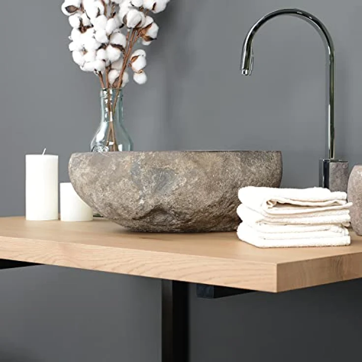 40 cm Naturstein-Waschbecken rund grau Naturstein-Waschschale Flussstein-Aufsatz-Hand-Waschbecken oval rund eckig WOHNFREUDEN – Bild 5