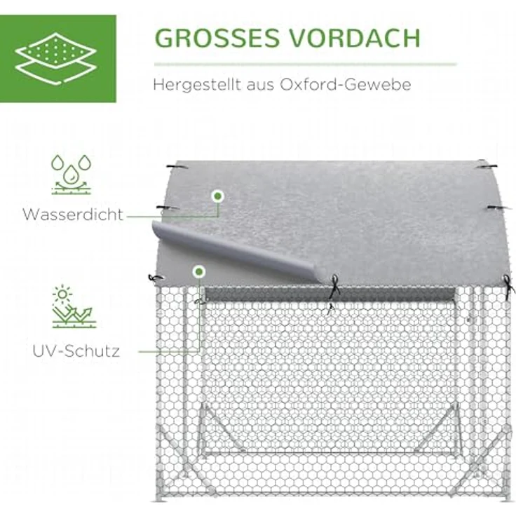 PawHut Hühnerstall aus Stahl, 280 x 190 x 197 cm, mit UV-beständiger Abdeckung, abschließbarer Tür, für 4-6 Hühner, silber – Bild 3