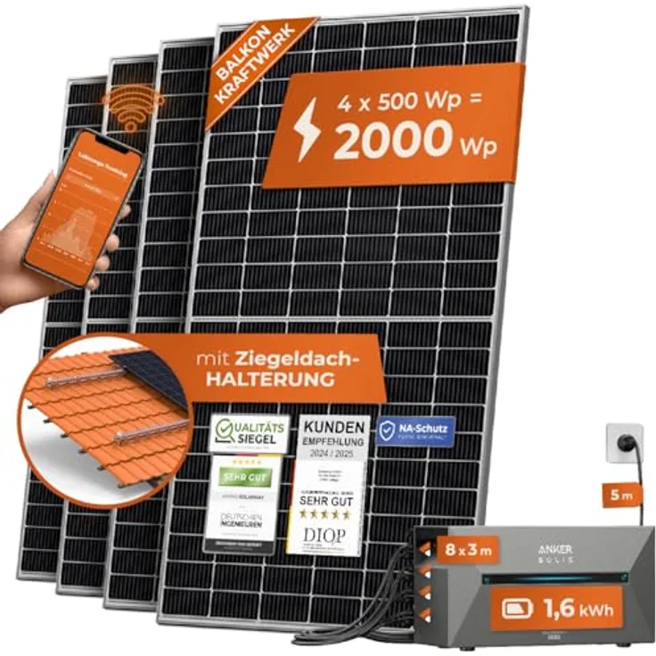 Solarway® All In One Balkonkraftwerk mit Speicher 2000W und 1,6 kWh Anker Solix 2 PRO - 500W Solarmodule & Zubehör