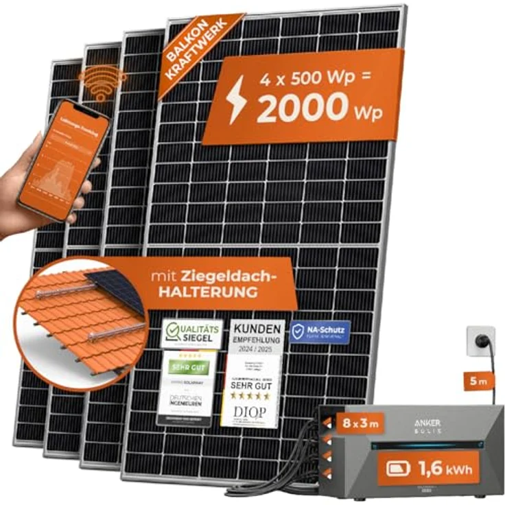 Solarway® All In One Balkonkraftwerk mit Speicher 2000W und 1,6 kWh Anker Solix 2 PRO - 500W Solarmodule & Zubehör – Bild 1