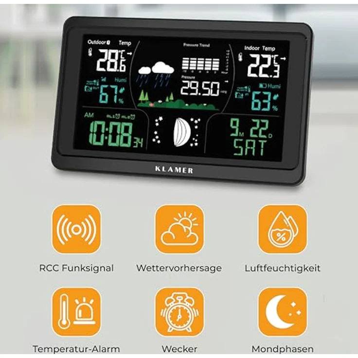 KLAMER Wetterstation Funk mit Außensensor, digitale Funkwetterstation mit Temperaturwarnung, Raumthermometer innen und außen, Wecker, Barometer, RCC Funkuhr, batteriebetrieben und netzbetrieben, schwarz – Bild 2