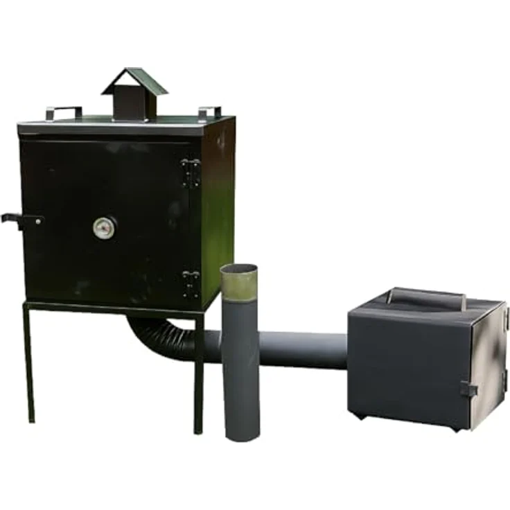 QLS Metall Räucherofen, 50×50×50 cm mit Thermometer, 6 Haken, Deflektor, Rohrset – robuste Stahlblechkonstruktion, hitzebeständig, externer Feuerkasten – Bild 1