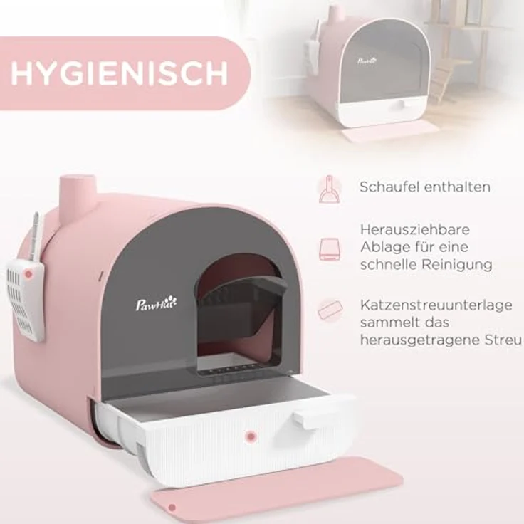 PawHut Katzentoilette mit Haube für Katzen bis 5 kg - Rosa, inkl. Schaufel und Schmutzfangmatte – Bild 3