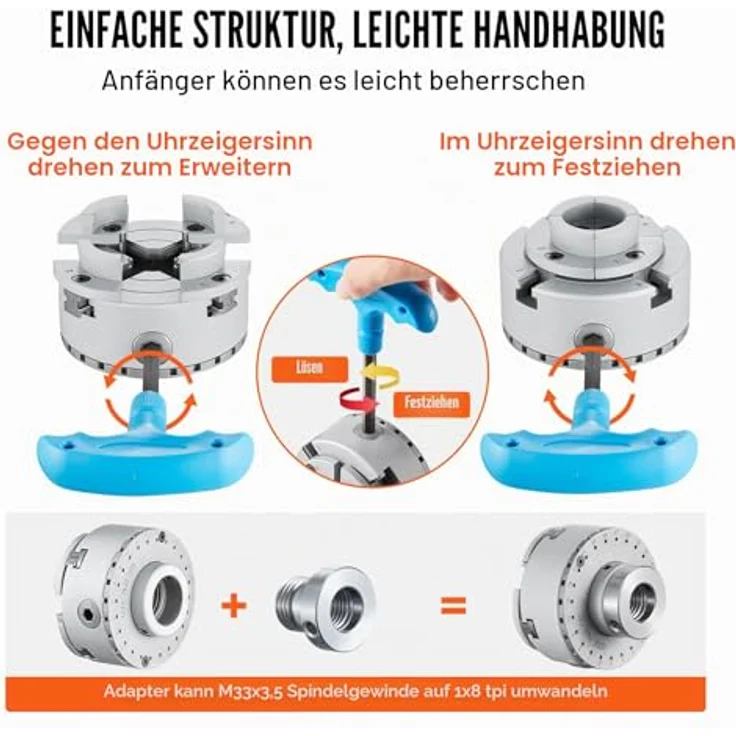 VEVOR KP96 Drehbankfutter 4-Backen φ96mm, Klemmbereich 32–70mm, M33 x 3,5 TPI, Präzision ≤0,3mm, für Holzbearbeitung und Vielfalt an Werkstücken – Bild 5