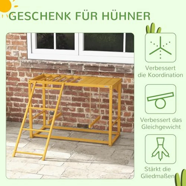 PawHut Hühnerstall Spielplatz mit Schaukeln und Leiter, Naturholz, für 3-4 Hühner, 100x110x70 cm, gelb – Bild 6