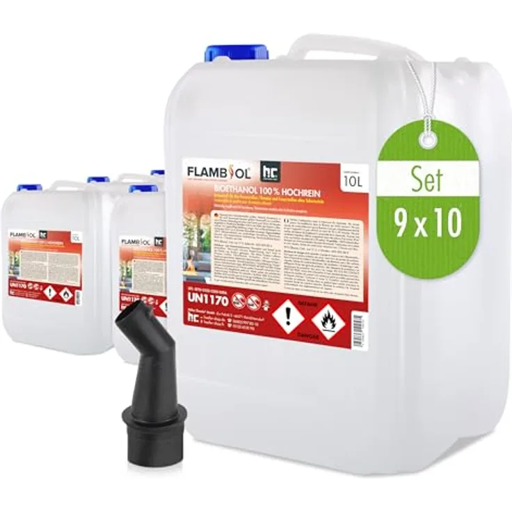 Höfer Chemie 90 L FLAMBIOL® Bioethanol 99,9% Hochrein (9 x 10 L) für Ethanol Kamin, Ethanol Feuerstelle und Bioethanol Kamin